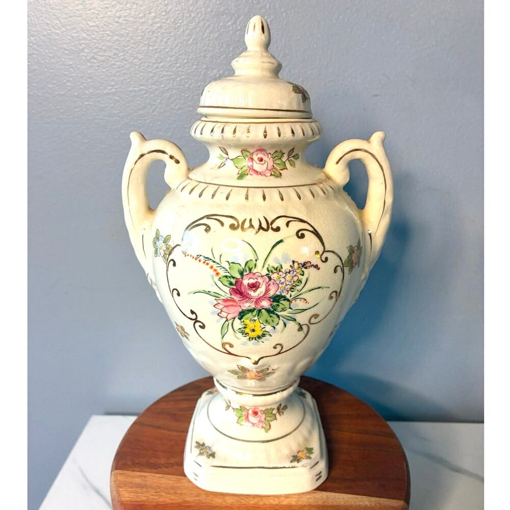 Vintage Floral Porcelain Urn Vase with Lid – Made in Japan